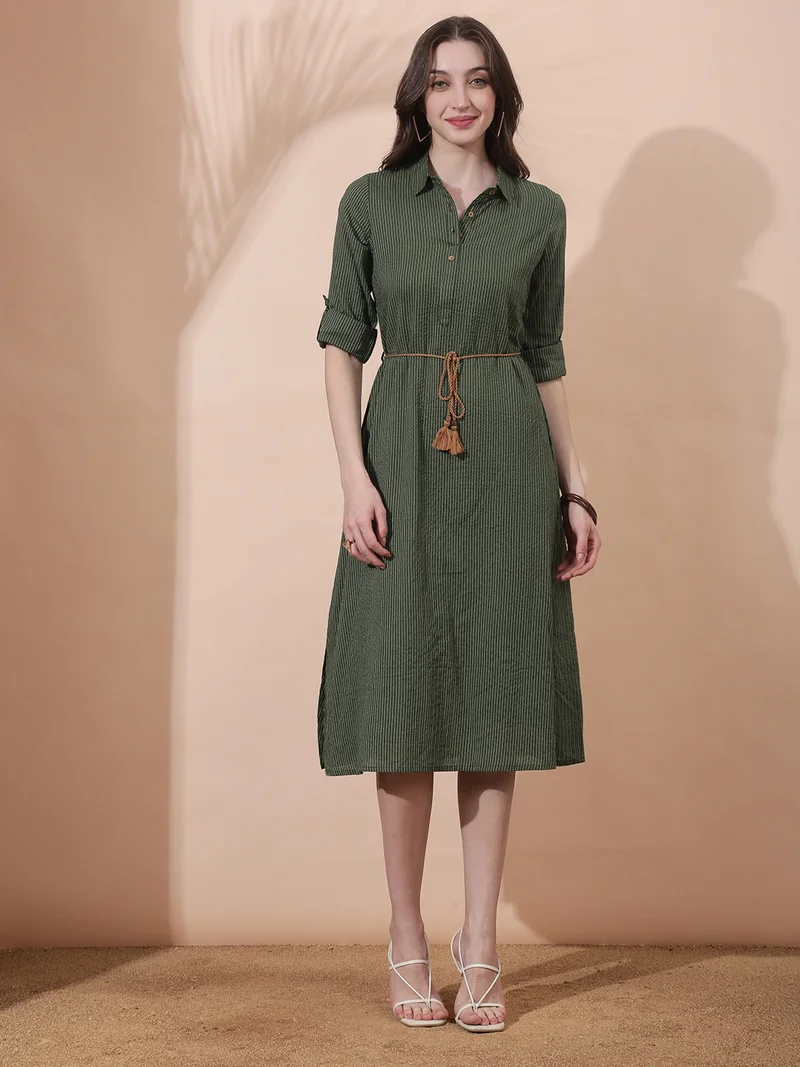 globus Globus Women Olive Collared Neck Roll-Up Sleeve Thread Work Waist Tie-Ups Shirt Style Midi Workwear Dress