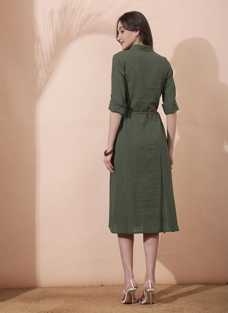 Globus Women's Olive Green Midi Shirt Dress with Collared Neck and Striped Design - Image 4