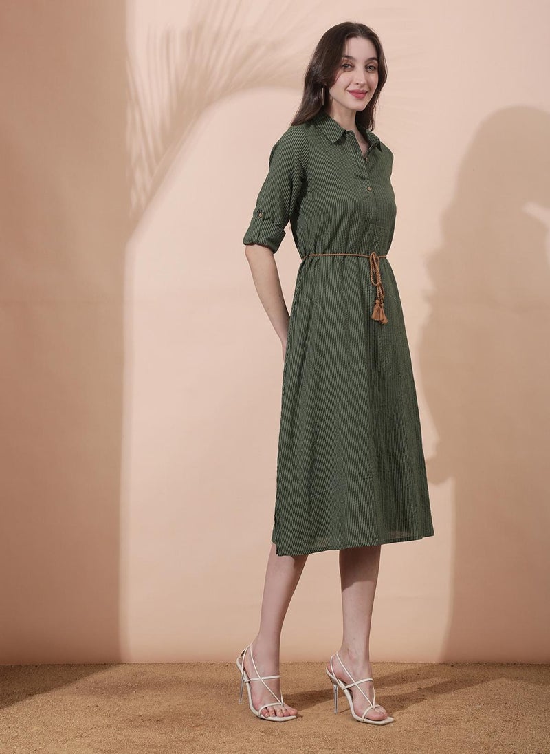 Globus Women's Olive Green Midi Shirt Dress with Collared Neck and Striped Design - Image 3