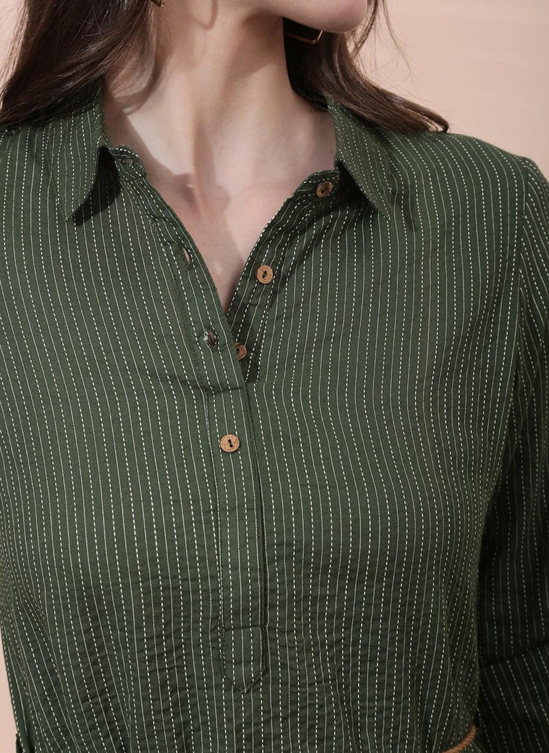 Globus Women's Olive Green Midi Shirt Dress with Collared Neck and Striped Design - Image 5