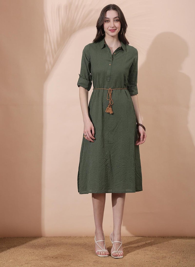 Globus Women's Olive Green Midi Shirt Dress with Collared Neck and Striped Design - Image 1
