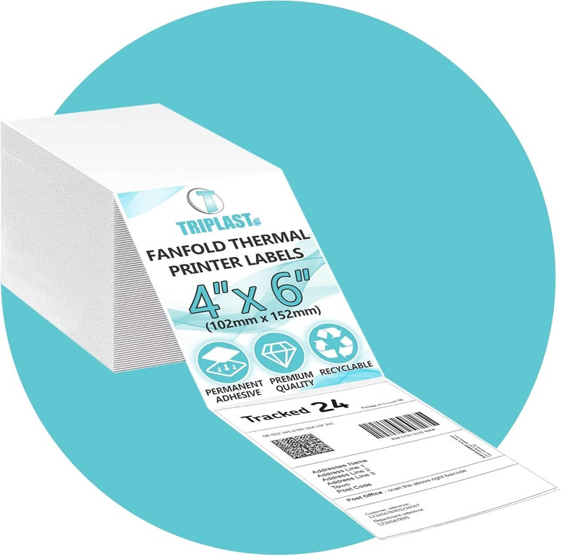 Triplast 250 x White Fanfold Thermal Printer Labels (4x6 inch / 102x152mm) - for Printing All Courier Shipping Labels - Compatible with Thermal Transfer & Direct Thermal Printers - Image 1
