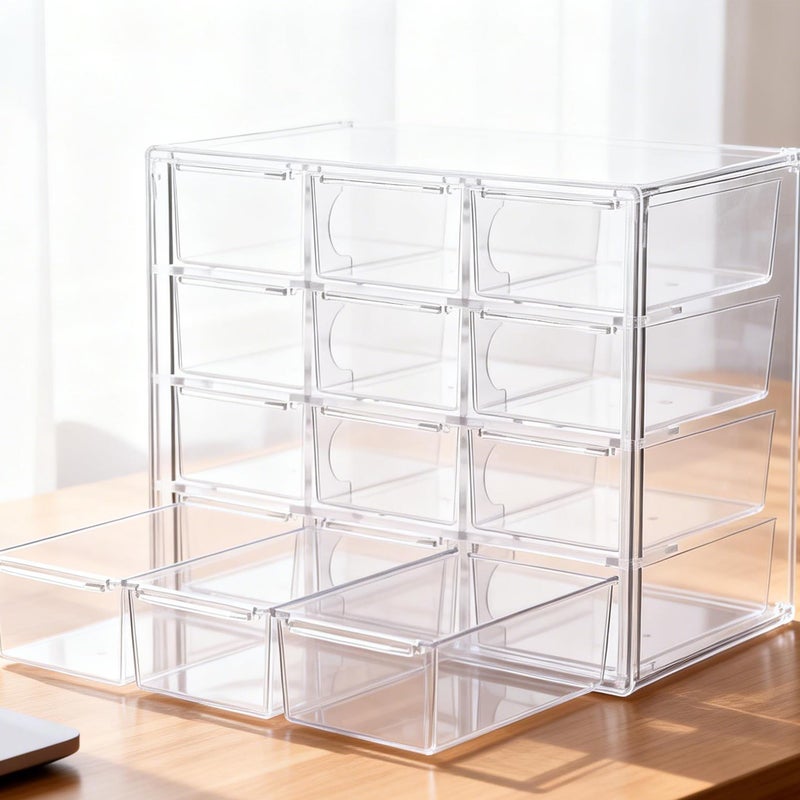 PIPITREE Acrylic Drawer Organizer, Clear Desk Organizer with Drawer, Plastic Stackable Storage Drawers with 12 Drawers, Dustproof Makeup Organizers for Makeup, Jewelry, Pens, Craft, Office Supplies - Image 5