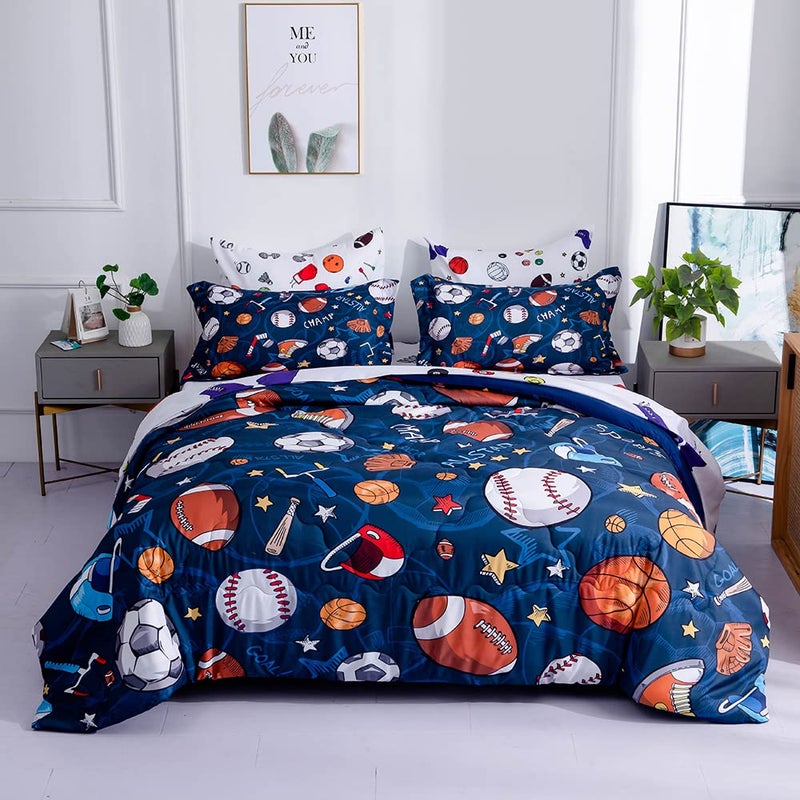 Wajade Sports Comforter Set - 7 Piece Queen Bedding with 3D Soccer, Basketball, Baseball, Football Design for Kids - Image 5