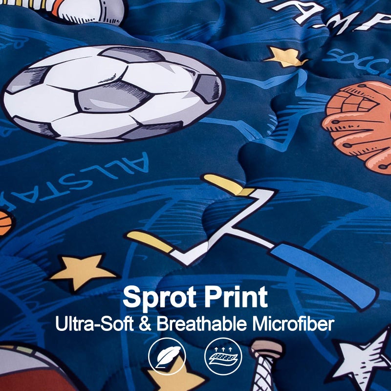 Wajade Sports Comforter Set - 7 Piece Queen Bedding with 3D Soccer, Basketball, Baseball, Football Design for Kids - Image 3