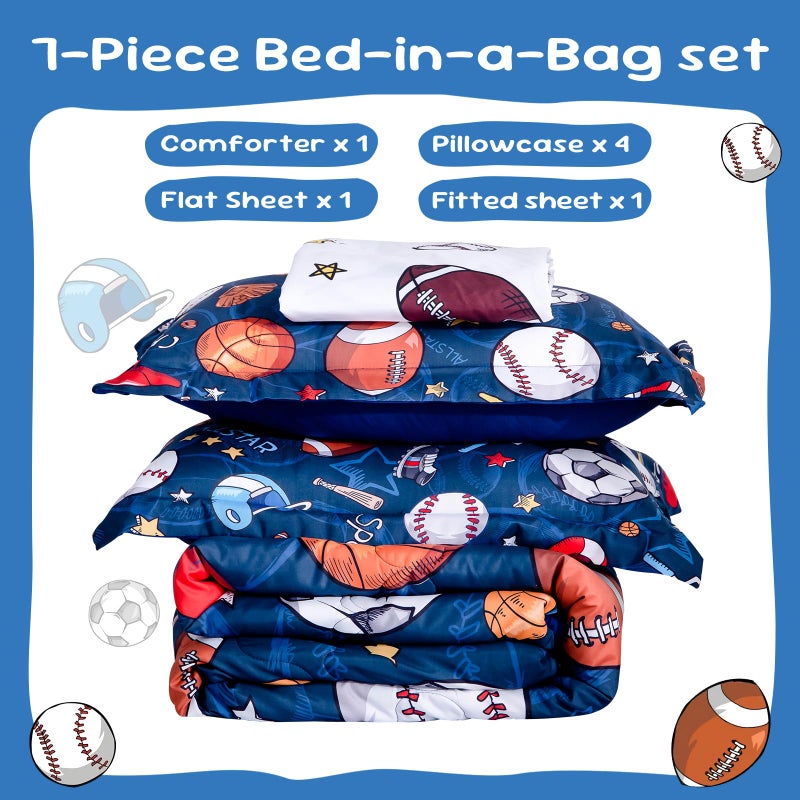 Wajade Sports Comforter Set - 7 Piece Queen Bedding with 3D Soccer, Basketball, Baseball, Football Design for Kids - Image 4