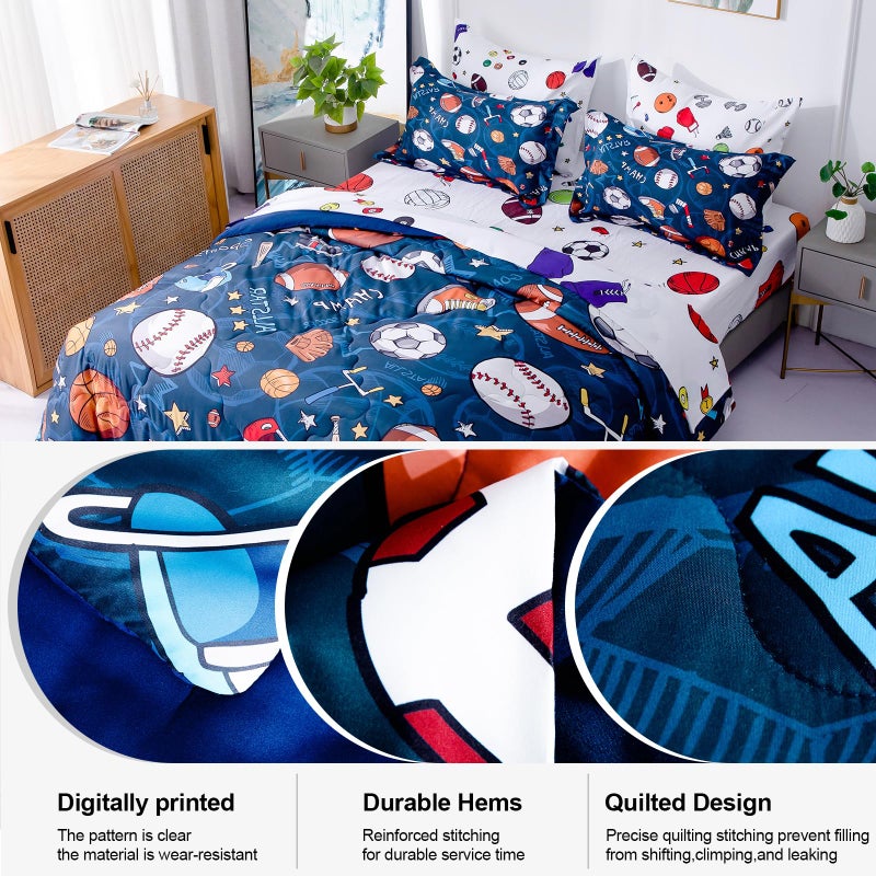 Wajade Sports Comforter Set - 7 Piece Queen Bedding with 3D Soccer, Basketball, Baseball, Football Design for Kids - Image 2