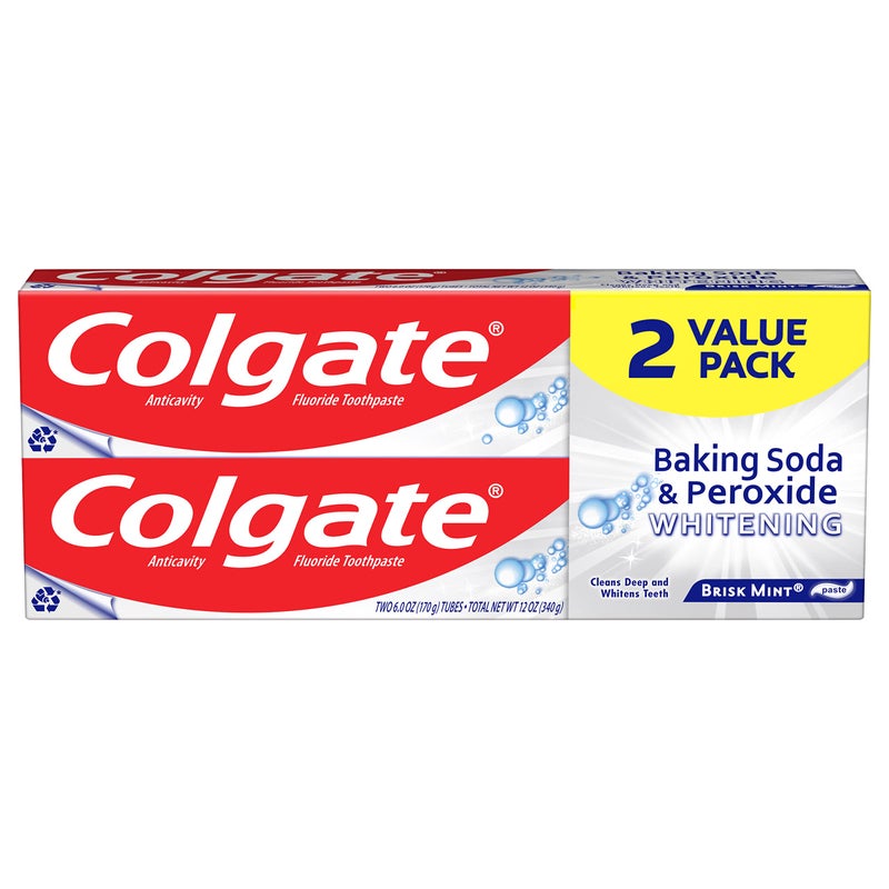 Colgate معجون أسنان كولجيت بصودا الخبز والبيروكسيد - يبيض الأسنان ويحارب التسوس ويزيل البقع، بنكهة النعناع المنعش، 6 أونصة (عبوة من قطعتين) - Image 1