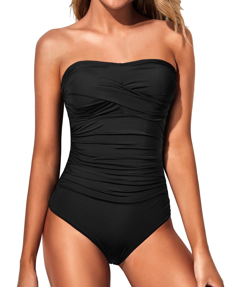 Yonique Womens Strapless One Piece Swimsuit Tummy Control Bandeau Bathing Suits Slimming Twist Front Swimwear Black L - Image 1