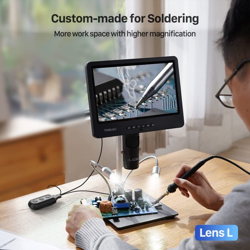 TOMLOV DM602 Pro 10.1" HDMI Digital Microscope 2000x, Pro Boom Arm Stand, LCD Soldering Microscope with 3 Lens, Adults Microscope for Electronics Repair, Coin Microscope Ring Light, PC Compatible, 64G - Image 5
