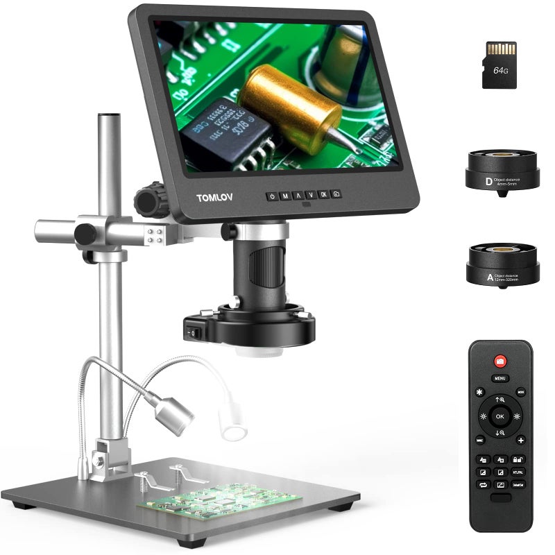 TOMLOV DM602 Pro 10.1" HDMI Digital Microscope 2000x, Pro Boom Arm Stand, LCD Soldering Microscope with 3 Lens, Adults Microscope for Electronics Repair, Coin Microscope Ring Light, PC Compatible, 64G - Image 1