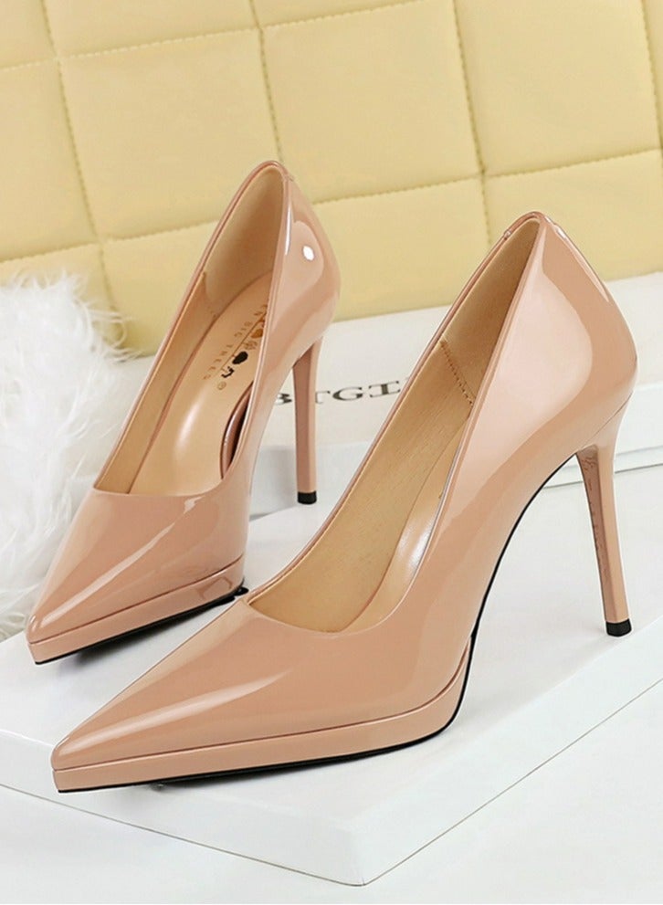 BIGTREE Women's Elegant Closed Pointed Toe Party Stiletto Pumps Patent Leather High Heels 10.5CM Beige - Image 1