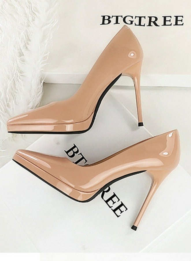 BIGTREE Women's Elegant Closed Pointed Toe Party Stiletto Pumps Patent Leather High Heels 10.5CM Beige - Image 3