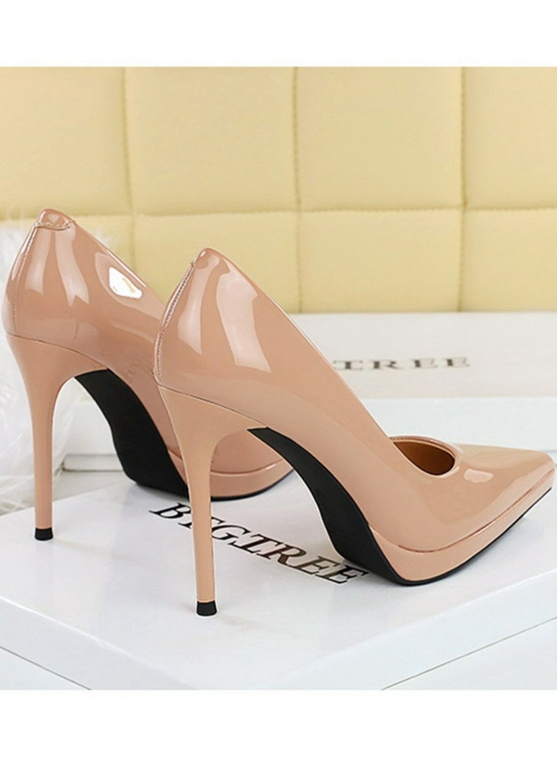 BIGTREE Women's Elegant Closed Pointed Toe Party Stiletto Pumps Patent Leather High Heels 10.5CM Beige - Image 4