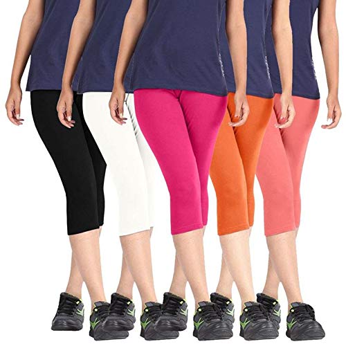 FeelBlue Premium Women's Cotton Stretchable Slim Fit Casual/Gym/Sports 3/4th Capri, Free Size, Black-White-Rani-Gajri-Orange - Pack of 5 - Image 1