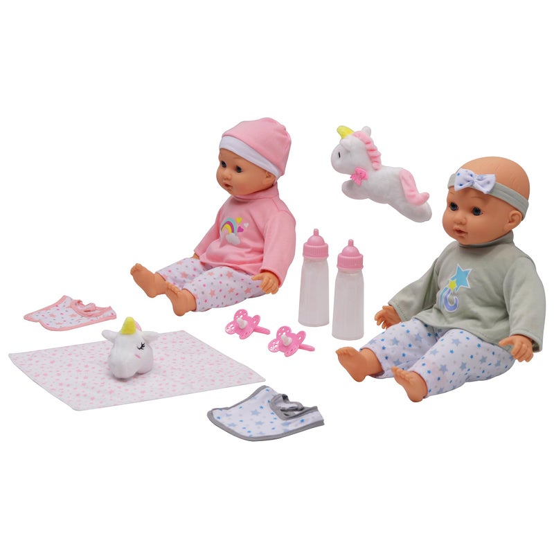DREAM COLLECTION: 14" Twins Baby Doll Set - Grey & Pink, Rainbow & Star Designs, 2 Doll Set, Plush Unicorn, Pacifier, Bib, Magic Bottle, Bibs, Kids 2+ - Image 2