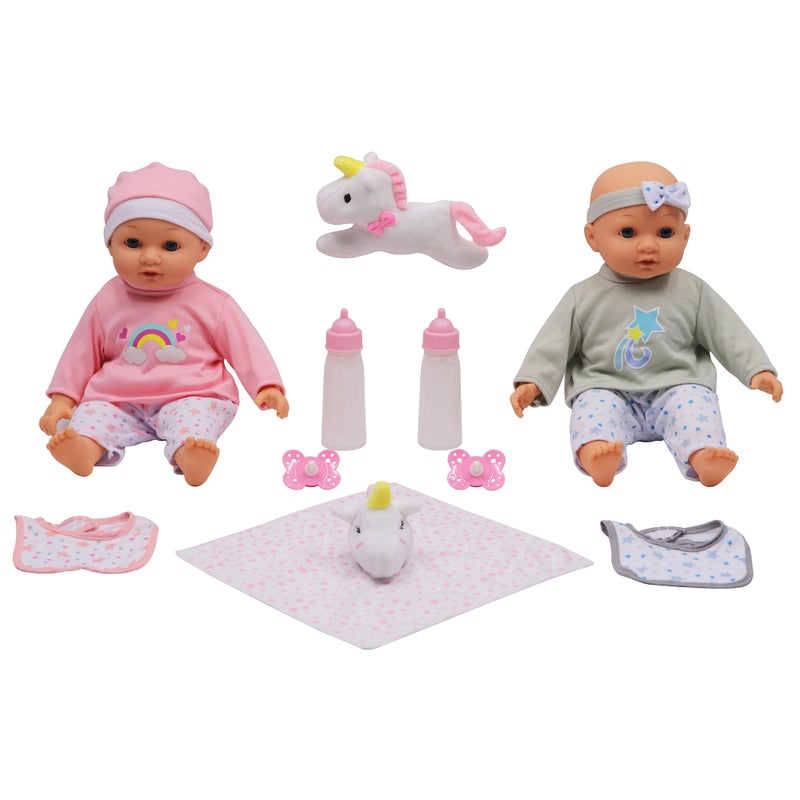 DREAM COLLECTION: 14" Twins Baby Doll Set - Grey & Pink, Rainbow & Star Designs, 2 Doll Set, Plush Unicorn, Pacifier, Bib, Magic Bottle, Bibs, Kids 2+ - Image 1