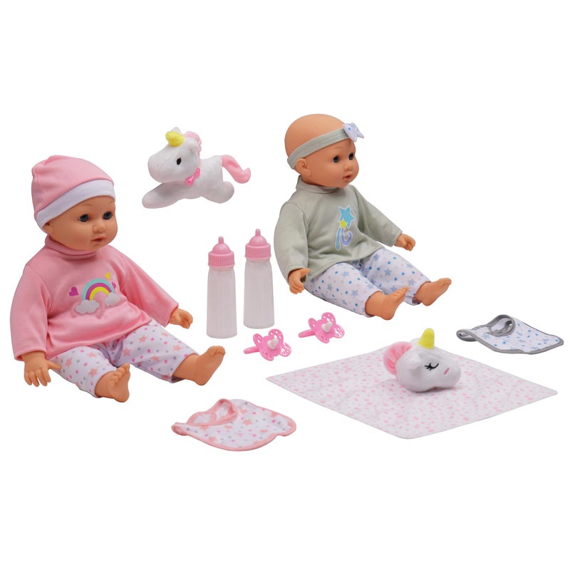 DREAM COLLECTION: 14" Twins Baby Doll Set - Grey & Pink, Rainbow & Star Designs, 2 Doll Set, Plush Unicorn, Pacifier, Bib, Magic Bottle, Bibs, Kids 2+ - Image 5
