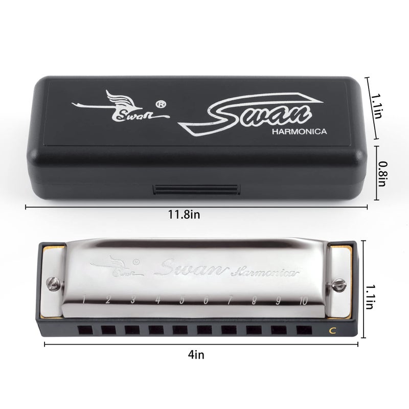 SWAN Blues Harmonica C Key for Kids Adults, 10 Hole Diatonic Harmonica Key of C, Metal Blues Harp for Beginners Students, Mouth Organ in Case, Silver - Image 2