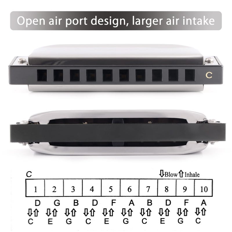 SWAN Blues Harmonica C Key for Kids Adults, 10 Hole Diatonic Harmonica Key of C, Metal Blues Harp for Beginners Students, Mouth Organ in Case, Silver - Image 4