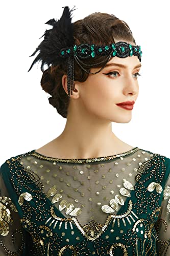 BABEYOND 1920s Flapper Headband Roaring 20s Gatsby Headpiece Black Feather Headband 1920s Flapper Hair Accessories Dark Green - Image 1