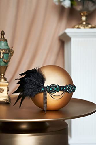 BABEYOND 1920s Flapper Headband Roaring 20s Gatsby Headpiece Black Feather Headband 1920s Flapper Hair Accessories Dark Green - Image 3