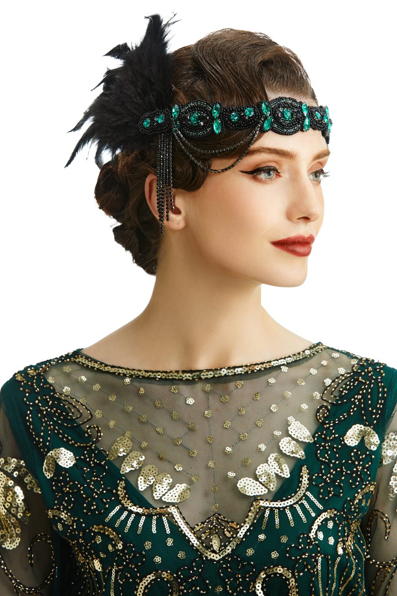 BABEYOND 1920s Flapper Headband Roaring 20s Gatsby Headpiece Black Feather Headband 1920s Flapper Hair Accessories Dark Green - Image 2