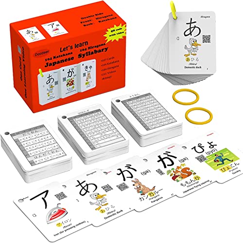 Docdeer Hiragana and Katakana Alphabet Japanese Flash Cards for Beginners 104 Katakana 104 Hiragana Flash Cards with Ring Easy to Remember and Learning Fast for Kids - Image 1