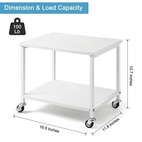 BTY Under Desk Printer Stand 2 Tier White Printer Stand with Storage Shelf Small Printer Table with Rolling Wheels for Office Home Scanner Printer (White) - Image 2