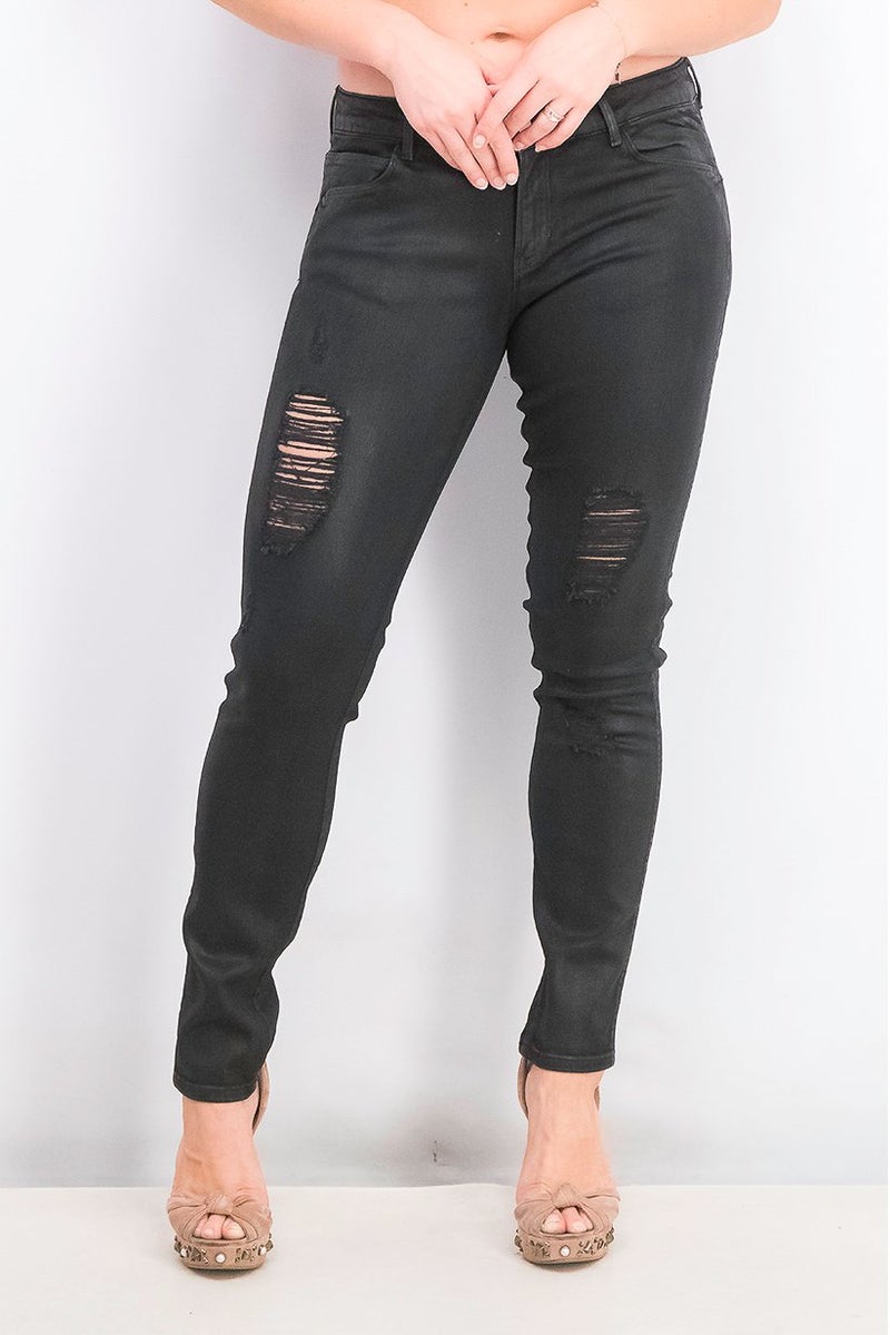 GUESS Women Skinny Fit Ripped Stretchable Jeans, Black - Image 1