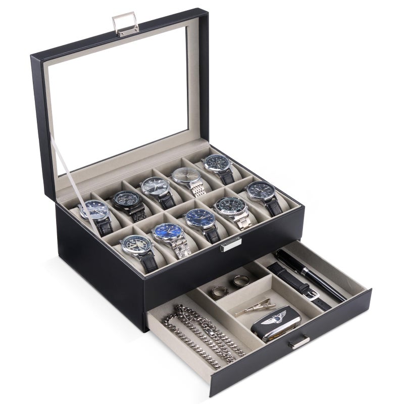 ProCase Watch Box, 10 Slot Watches Display Case with Drawer, Mens Watch Case with Glass Lid, 2-Layer Mens Jewelry Organizer Storage Holder, Birthday Valentine Gifts for Men -10 Slot, Black - Image 1