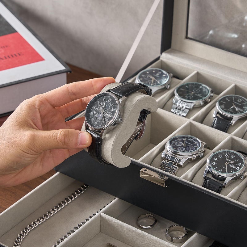 ProCase Watch Box, 10 Slot Watches Display Case with Drawer, Mens Watch Case with Glass Lid, 2-Layer Mens Jewelry Organizer Storage Holder, Birthday Valentine Gifts for Men -10 Slot, Black - Image 5