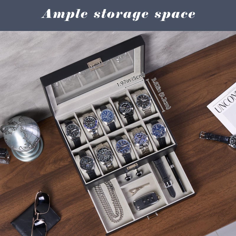 ProCase Watch Box, 10 Slot Watches Display Case with Drawer, Mens Watch Case with Glass Lid, 2-Layer Mens Jewelry Organizer Storage Holder, Birthday Valentine Gifts for Men -10 Slot, Black - Image 2