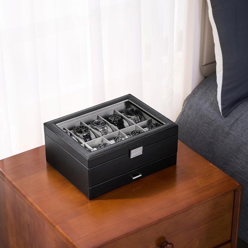 ProCase Watch Box, 10 Slot Watches Display Case with Drawer, Mens Watch Case with Glass Lid, 2-Layer Mens Jewelry Organizer Storage Holder, Birthday Valentine Gifts for Men -10 Slot, Black - Image 3