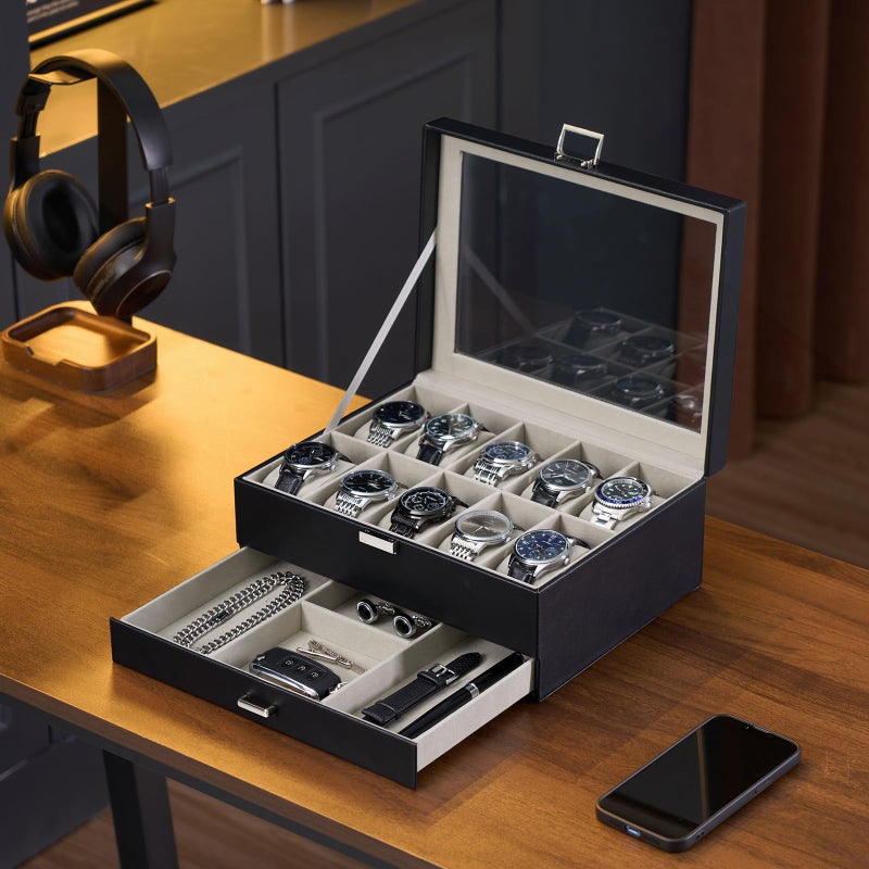 ProCase Watch Box, 10 Slot Watches Display Case with Drawer, Mens Watch Case with Glass Lid, 2-Layer Mens Jewelry Organizer Storage Holder, Birthday Valentine Gifts for Men -10 Slot, Black - Image 4