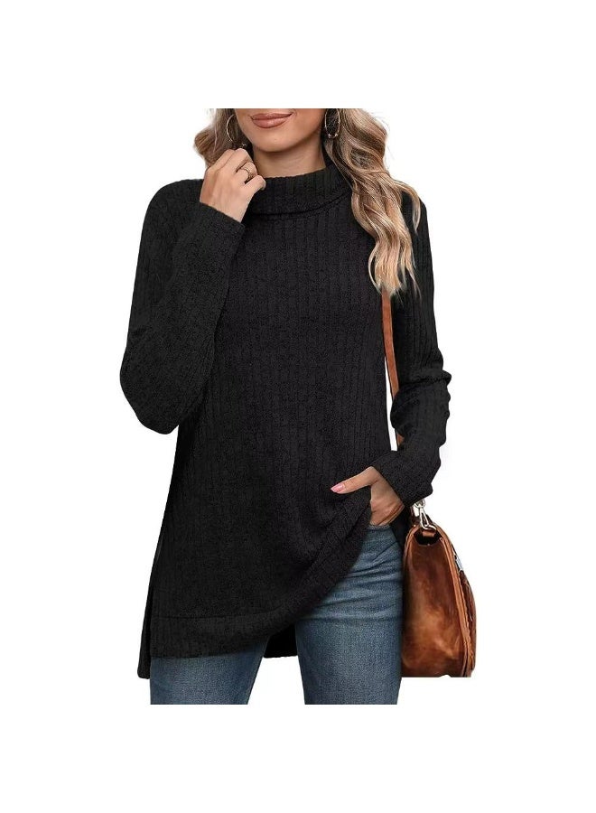 general Women's loose high-neck slit ribbed solid color T-shirt for autumn and winter 2025-2026 - Image 1