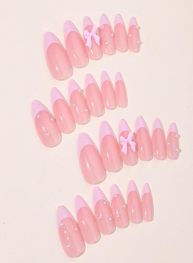 YKZFUI 24Pcs French Press on Nails Almond Fake Nails with Bow Pearl Design Pink French Tip False Nails Cute Pink Press on French Nail Tips Glossy Artificial Nails Acrylic Stick on Nails for Women Manicure - Image 3