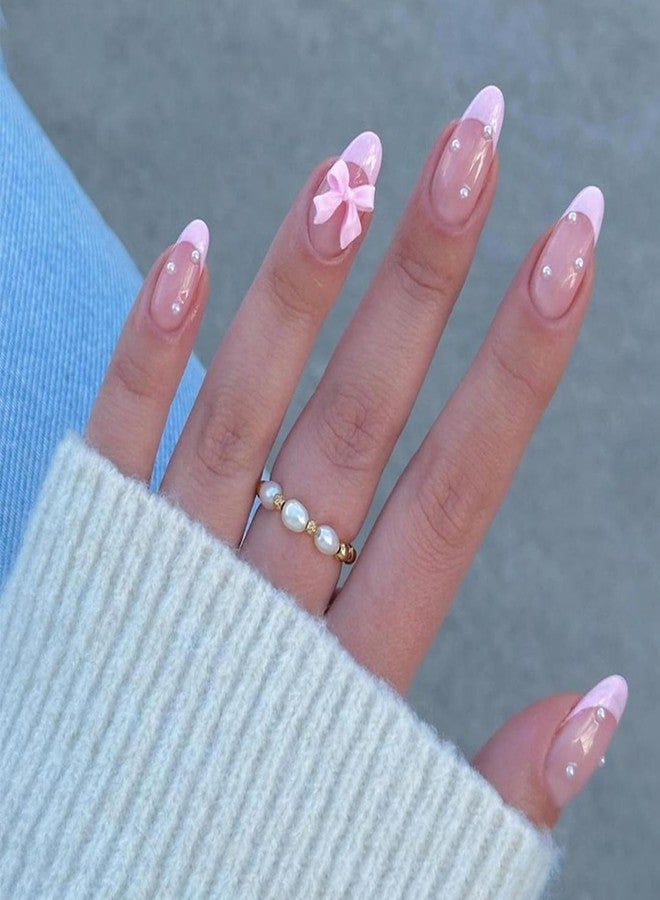 YKZFUI 24Pcs French Press on Nails Almond Fake Nails with Bow Pearl Design Pink French Tip False Nails Cute Pink Press on French Nail Tips Glossy Artificial Nails Acrylic Stick on Nails for Women Manicure - Image 1