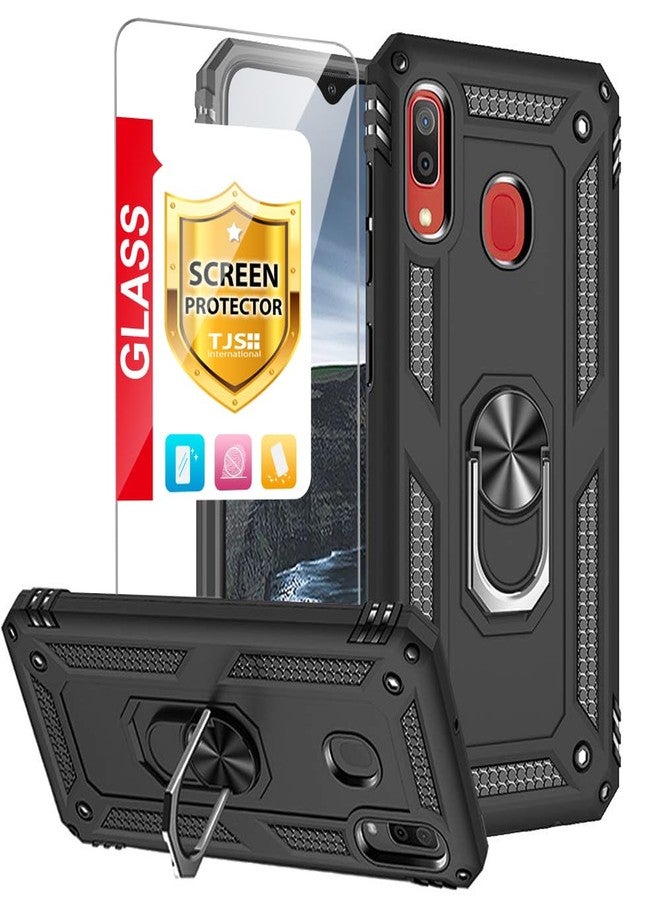 TJ's TJS Compatible with Samsung Galaxy A20 Case, Galaxy A30 Case, with Tempered Glass Screen Protector Metal Ring Magnetic Support Kickstand Heavy Duty Drop Protector Phone Case (Black) - Image 1