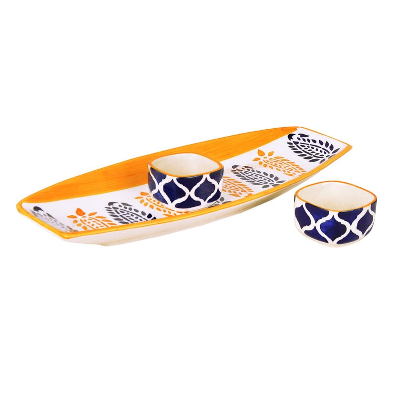 StyleMyWay Hand Painted Ceramic Serving Platter with Two Dip Bowls Orange Black L x B 38 cm x 16 cm Starter Serving Platter Kebab Platter - Image 3