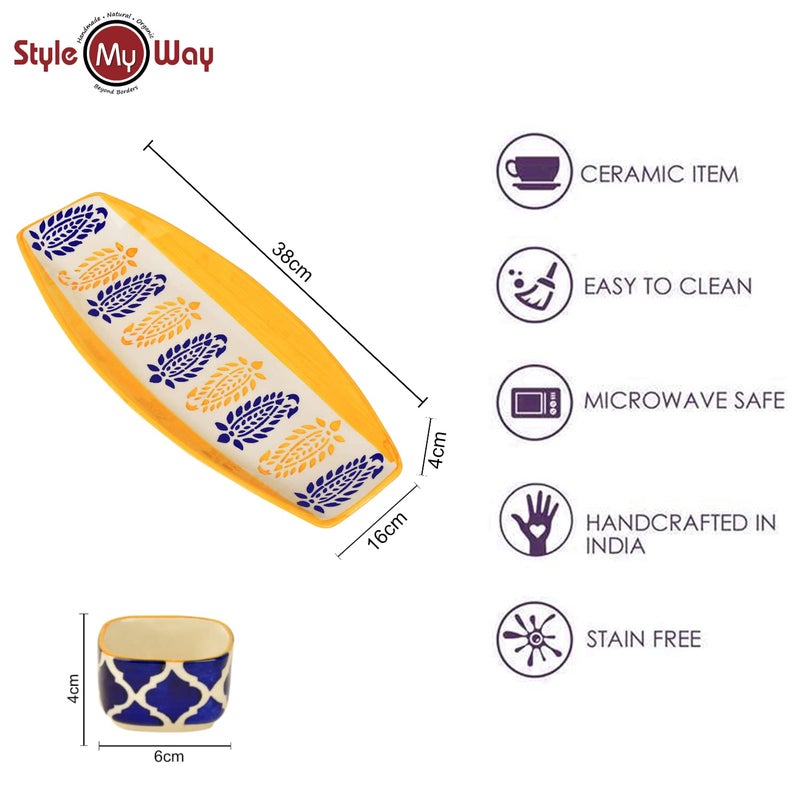 StyleMyWay Hand Painted Ceramic Serving Platter with Two Dip Bowls Orange Black L x B 38 cm x 16 cm Starter Serving Platter Kebab Platter - Image 5