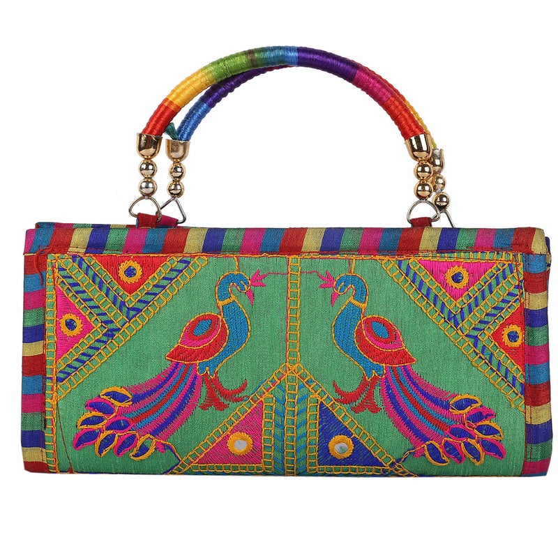Craft Trade Craft Trade Green Cotton Clutch Bags for Women Rajasthani Hand Embroidered Mini Hand Bag Women's Clutches Purses for Wedding Party Gifts - Image 2