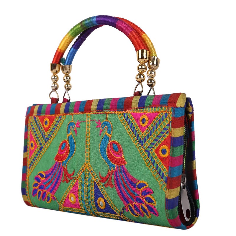 Craft Trade Craft Trade Green Cotton Clutch Bags for Women Rajasthani Hand Embroidered Mini Hand Bag Women's Clutches Purses for Wedding Party Gifts - Image 1
