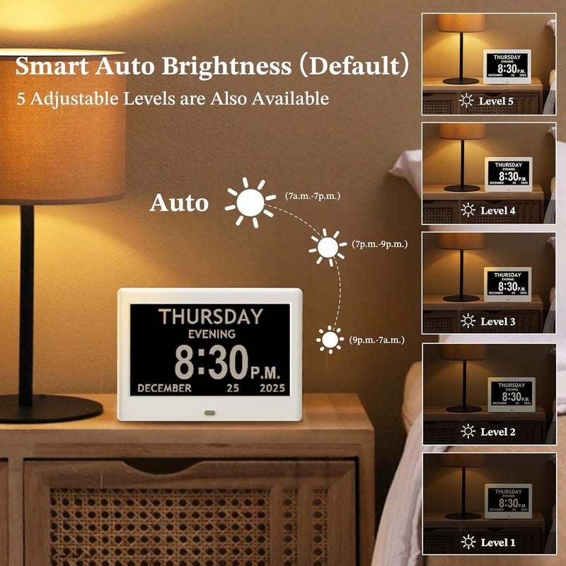 FLYRUIT 7'' Dementia Clock For Seniors, Large Display Digital Clock With Date, Time, Day Of Week for Elderly, Alzheimer, 1024*600P HD, 10 Reminders & 8 Alarms, Auto Dimming & DST, Remote Control, White - Image 4