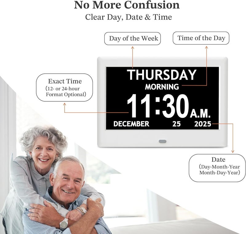 FLYRUIT 7'' Dementia Clock For Seniors, Large Display Digital Clock With Date, Time, Day Of Week for Elderly, Alzheimer, 1024*600P HD, 10 Reminders & 8 Alarms, Auto Dimming & DST, Remote Control, White - Image 5