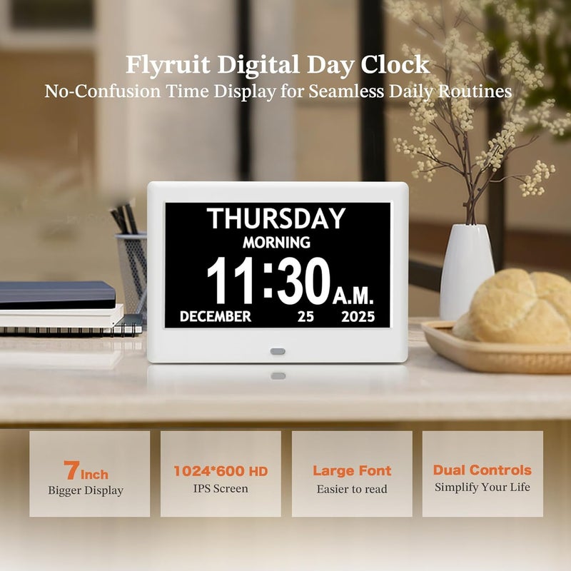 FLYRUIT 7'' Dementia Clock For Seniors, Large Display Digital Clock With Date, Time, Day Of Week for Elderly, Alzheimer, 1024*600P HD, 10 Reminders & 8 Alarms, Auto Dimming & DST, Remote Control, White - Image 2