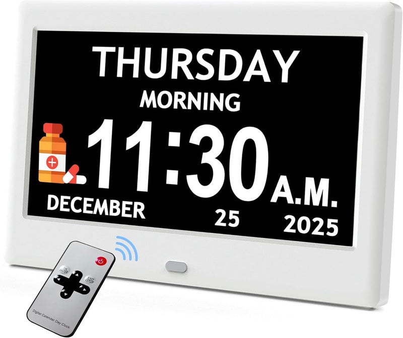 FLYRUIT 7'' Dementia Clock For Seniors, Large Display Digital Clock With Date, Time, Day Of Week for Elderly, Alzheimer, 1024*600P HD, 10 Reminders & 8 Alarms, Auto Dimming & DST, Remote Control, White - Image 1