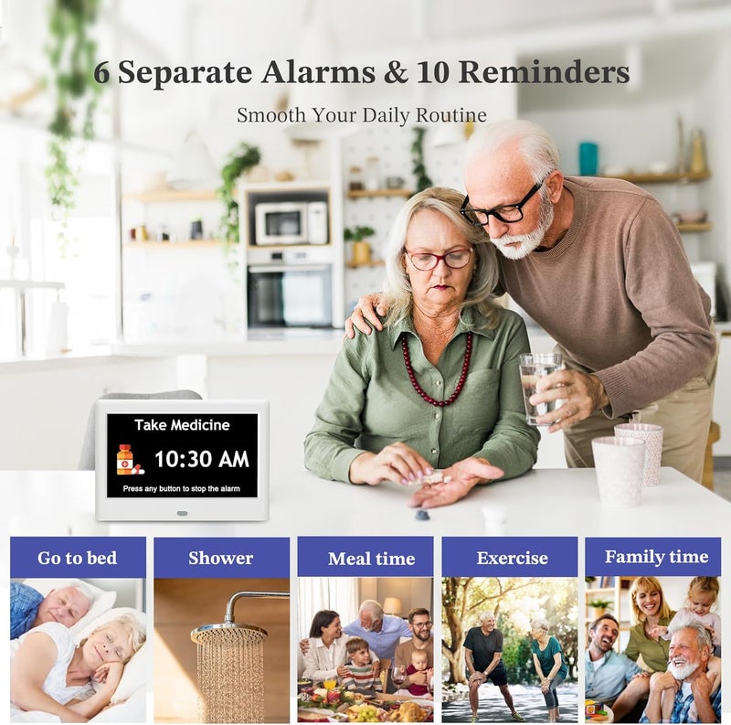 FLYRUIT 7'' Dementia Clock For Seniors, Large Display Digital Clock With Date, Time, Day Of Week for Elderly, Alzheimer, 1024*600P HD, 10 Reminders & 8 Alarms, Auto Dimming & DST, Remote Control, White - Image 3