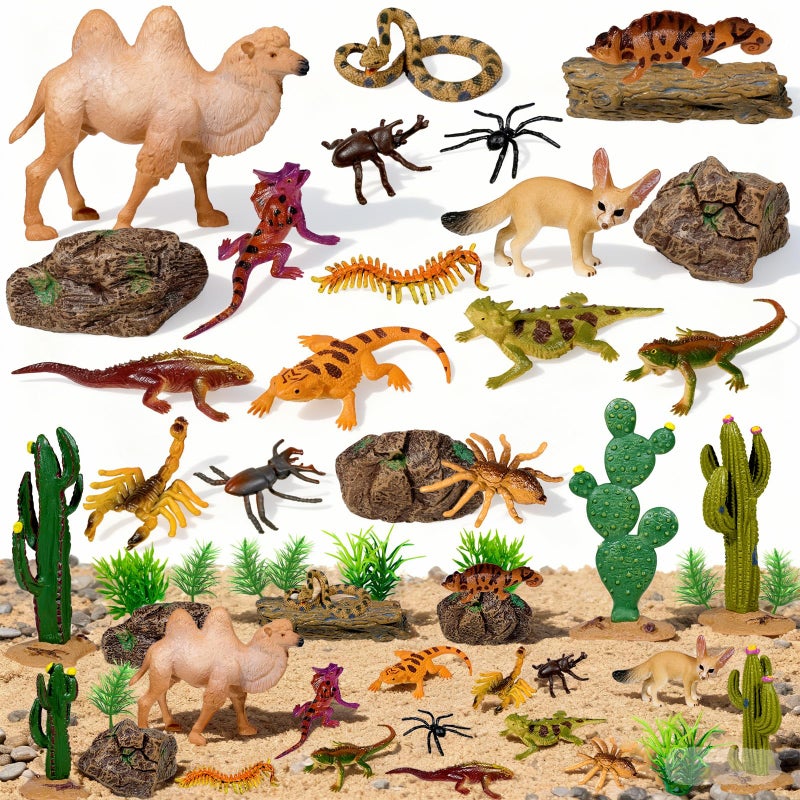 Furjane 34 Pcs Desert Animals Figurines Set Model Trees Kit Desert Diorama Supplies Animals with Tree and Cactuses Figurines Resin Insects for Diorama Birthday Party - Image 1