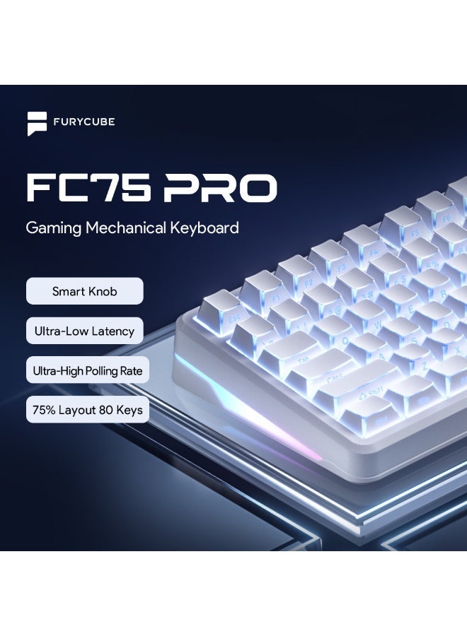 مكعب غاضب لوحة مفاتيح FC75 PRO الميكانيكية للألعاب مع إضاءة RGB، بثلاثة أوضاع اتصال: بلوتوث / لاسلكي 2.4 جيجاهرتز / سلكية عبر منفذ Type-C، بتصميم مدمج بنسبة 75% (80 مفتاحًا)، ومزودة بعجلة ذكية للتحكم، ومفاتيح من الفئة الأرجوانية (Purple Switch)، متوافقة مع أنظمة Windows وMac OS وAndroid. - Image 2